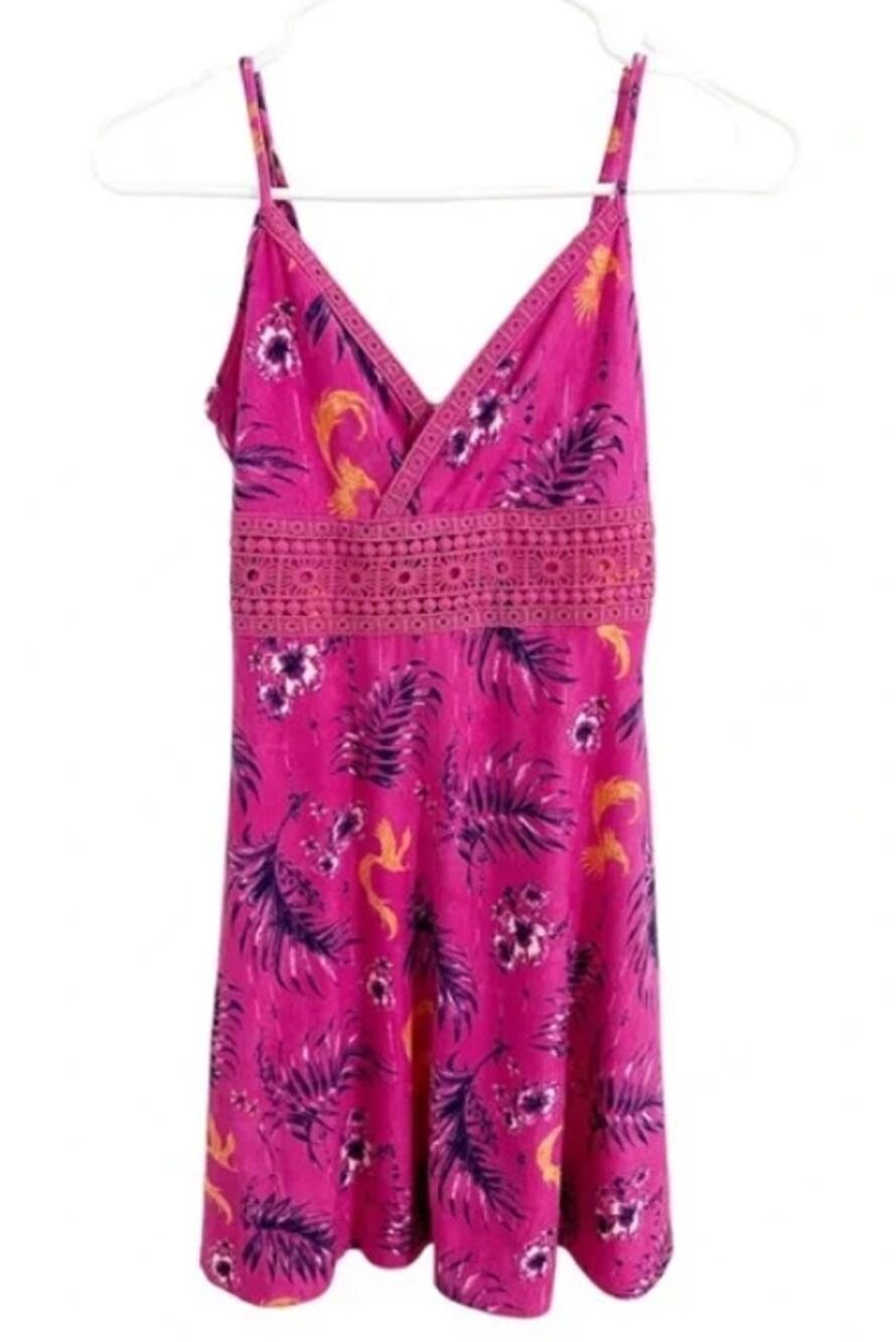Y2K Mudd V-Neck Crochet Mini Dress Size Medium Hot Pink Purple Tropical